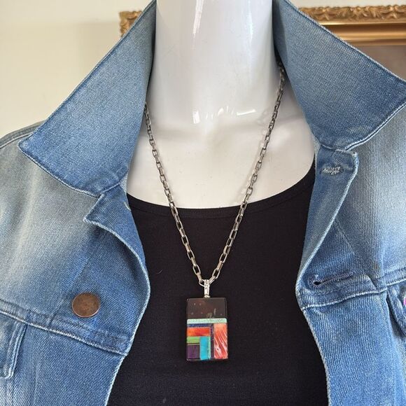 FJ Henry Signed Navajo Reversible Sterling Silver Turquoise Multi-Stone Necklace - Picture 4 of 14